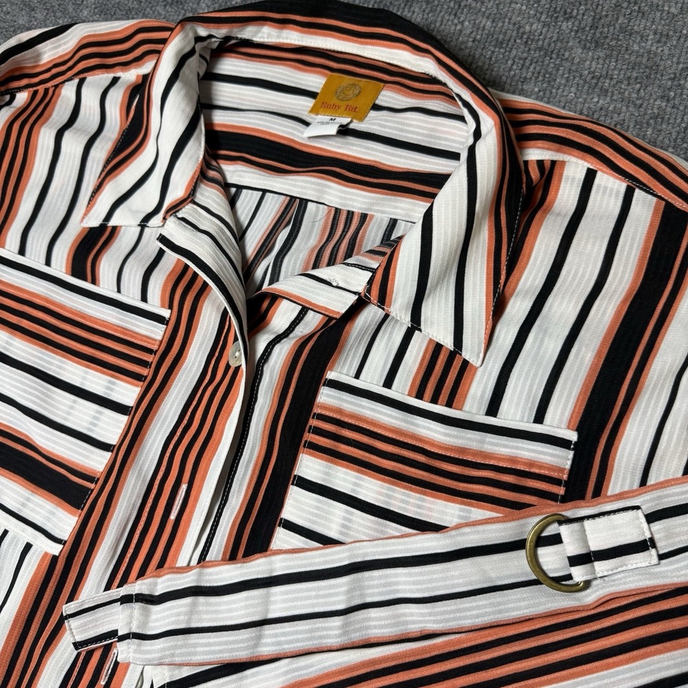 Ruby Rd.‎ Women's M Striped Button-Up Blouse Roll Tab Sleeves